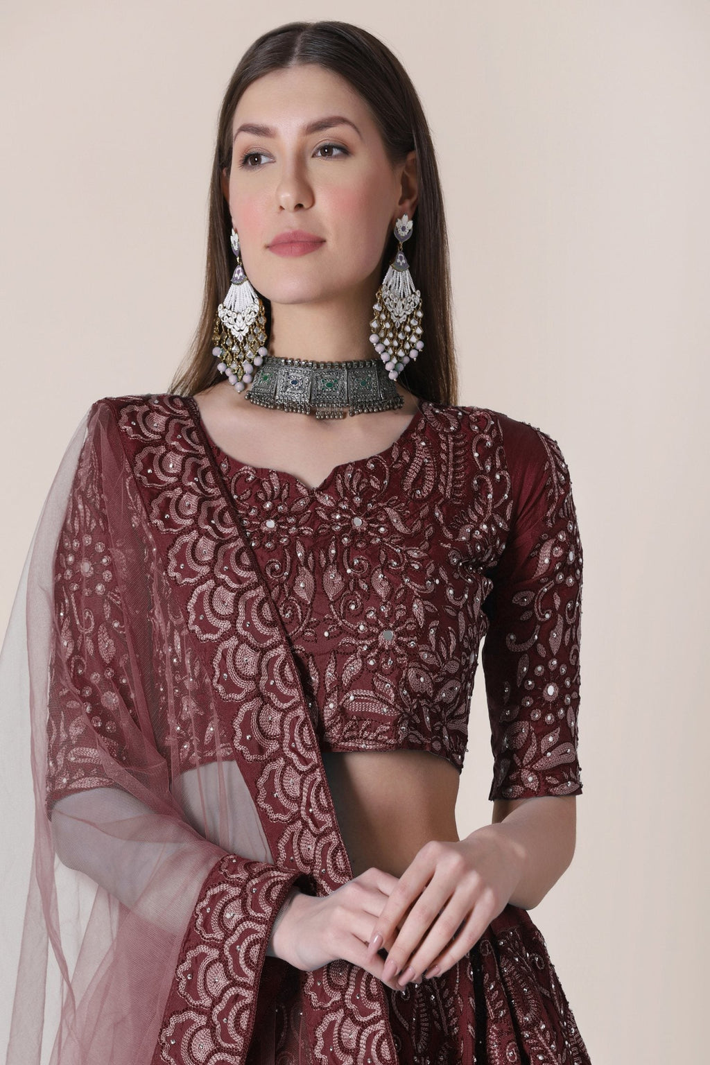 Jyoti Fashion Women's Maroon Taffeta Silk Thread Embroidered Designer Lehenga Choli Set
