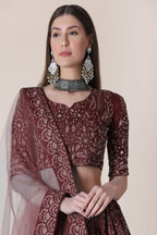 Jyoti Fashion Women's Maroon Taffeta Silk Thread Embroidered Designer Lehenga Choli Set