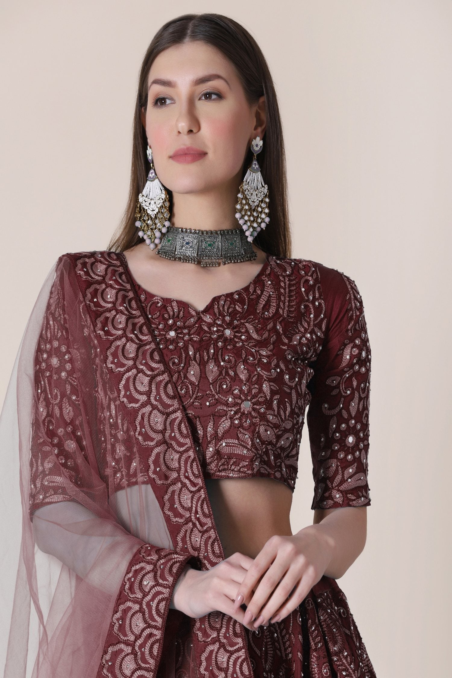 Jyoti Fashion Women's Maroon Taffeta Silk Thread Embroidered Designer Lehenga Choli Set