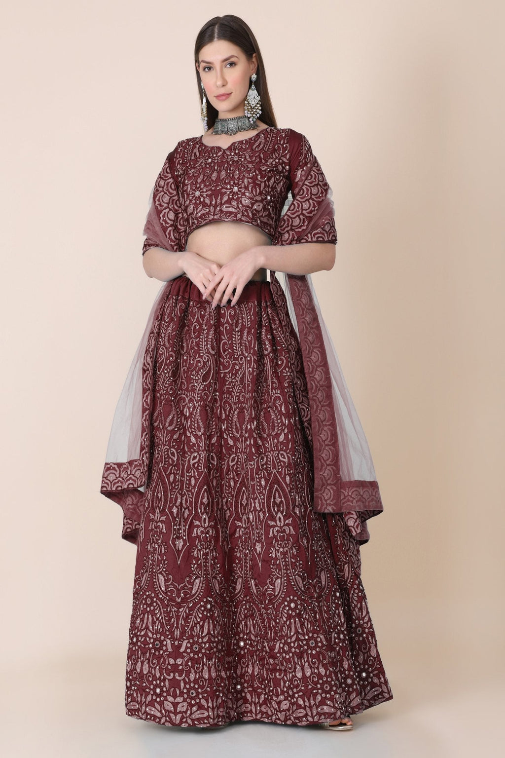 Jyoti Fashion Women's Maroon Taffeta Silk Thread Embroidered Designer Lehenga Choli Set