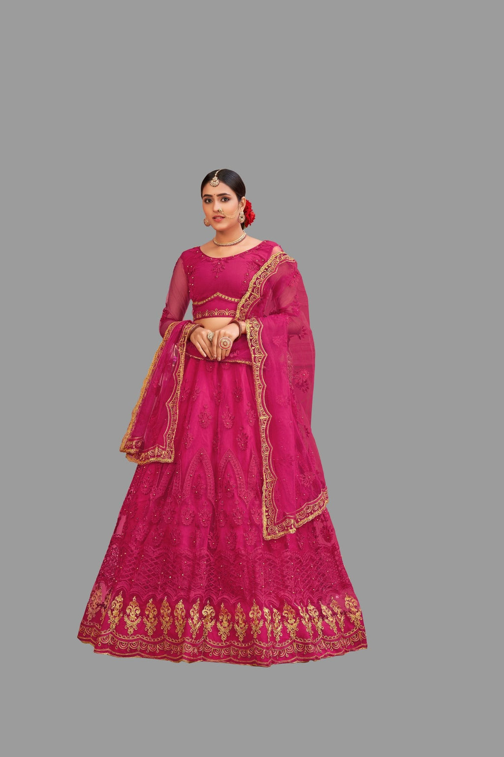 Jyoti Fashion Women's Pink Net Thread Embroidered Designer Lehenga Choli Set