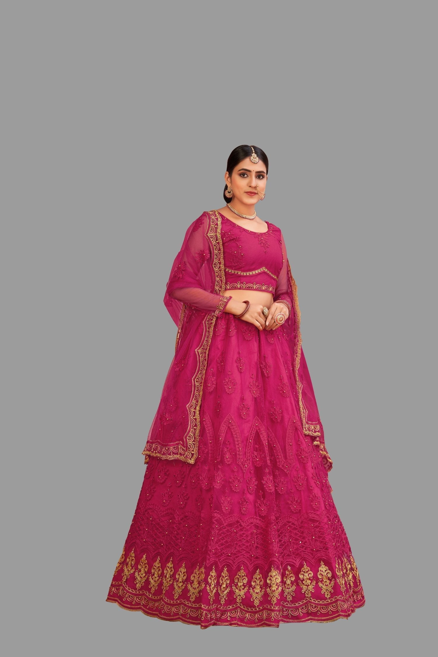 Jyoti Fashion Women's Pink Net Thread Embroidered Designer Lehenga Choli Set