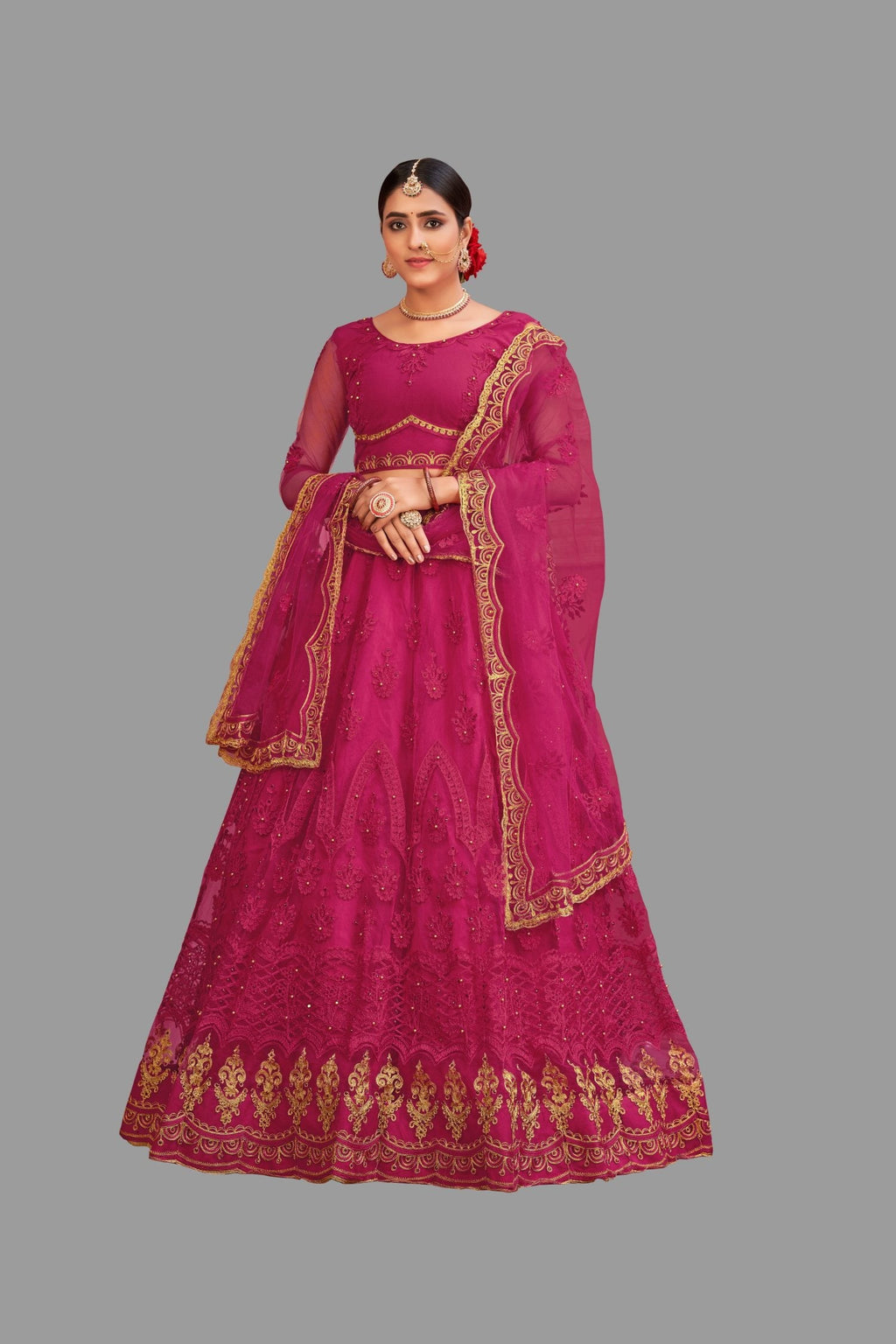 Jyoti Fashion Women's Pink Net Thread Embroidered Designer Lehenga Choli Set