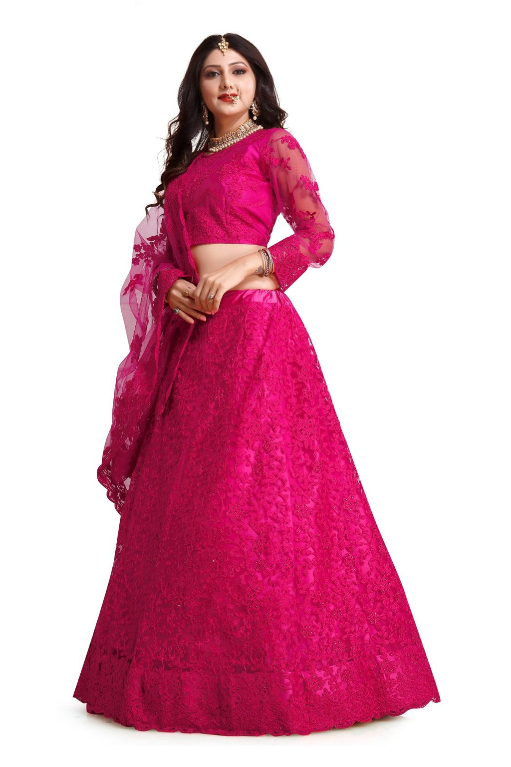 Jyoti Fashion Women's Dark Pink Net Thread Embroidered Designer Lehenga Choli Set