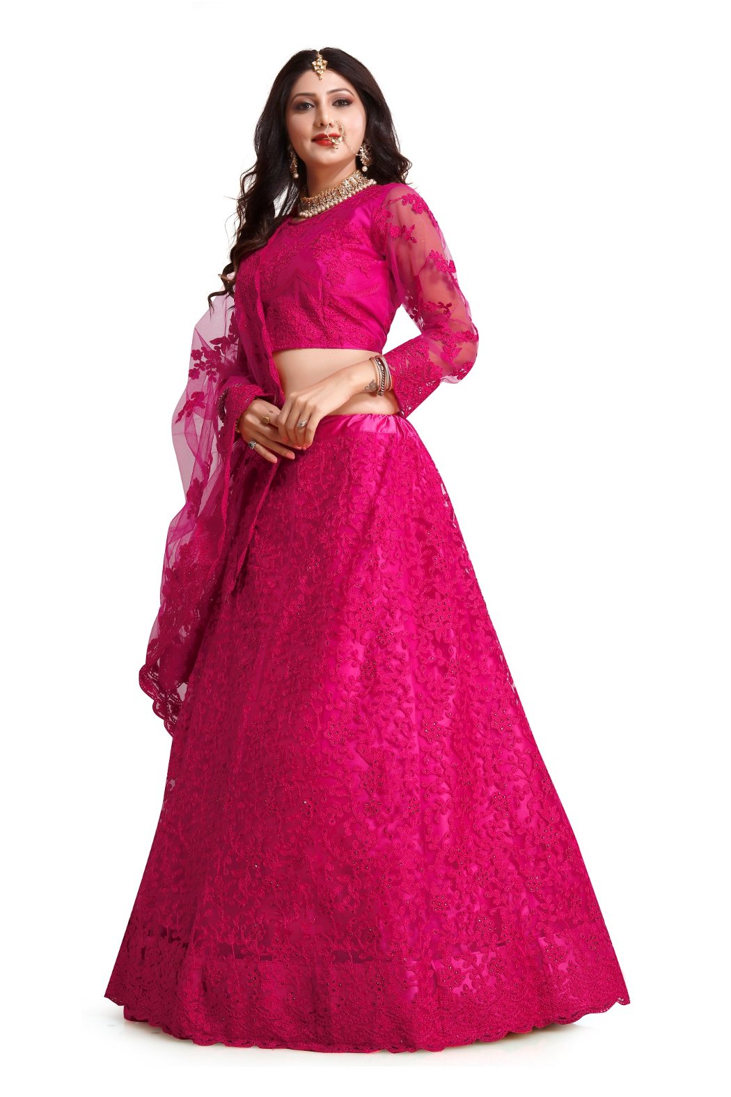 Jyoti Fashion Women's Dark Pink Net Thread Embroidered Designer Lehenga Choli Set