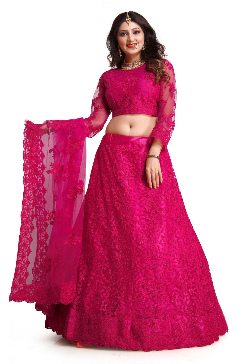 Jyoti Fashion Women's Dark Pink Net Thread Embroidered Designer Lehenga Choli Set