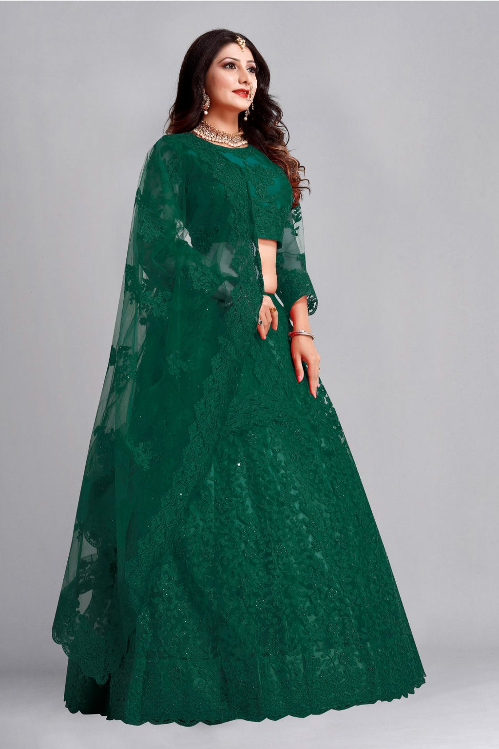 Jyoti Fashion Women's Dark Green Net Thread Embroidered Designer Lehenga Choli Set