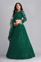 Jyoti Fashion Women's Dark Green Net Thread Embroidered Designer Lehenga Choli Set