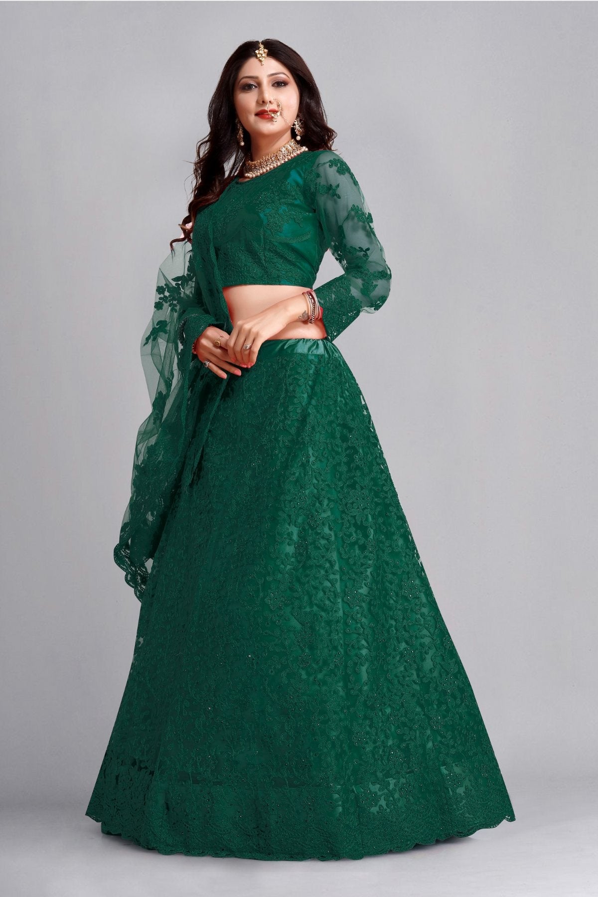 Jyoti Fashion Women's Dark Green Net Thread Embroidered Designer Lehenga Choli Set