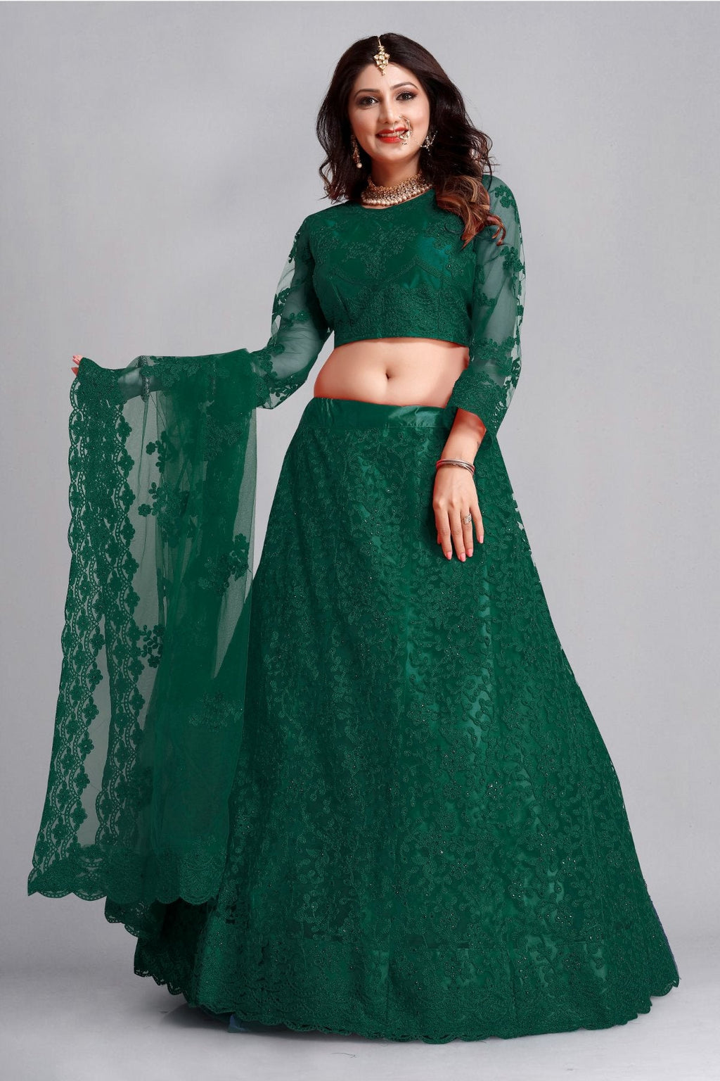 Jyoti Fashion Women's Dark Green Net Thread Embroidered Designer Lehenga Choli Set