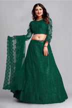 Jyoti Fashion Women's Dark Green Net Thread Embroidered Designer Lehenga Choli Set