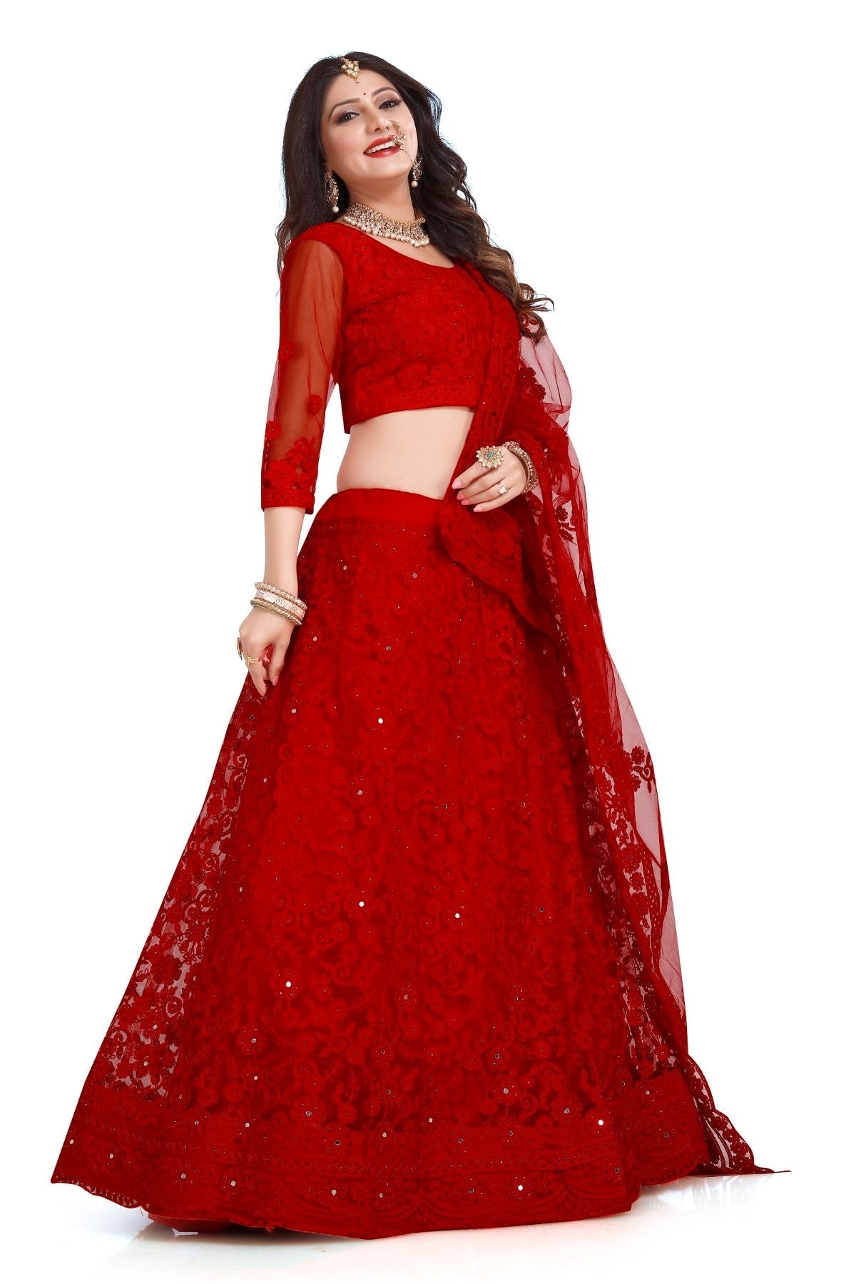 Jyoti Fashion Women's Red Net Thread Embroidered Designer Lehenga Choli Set