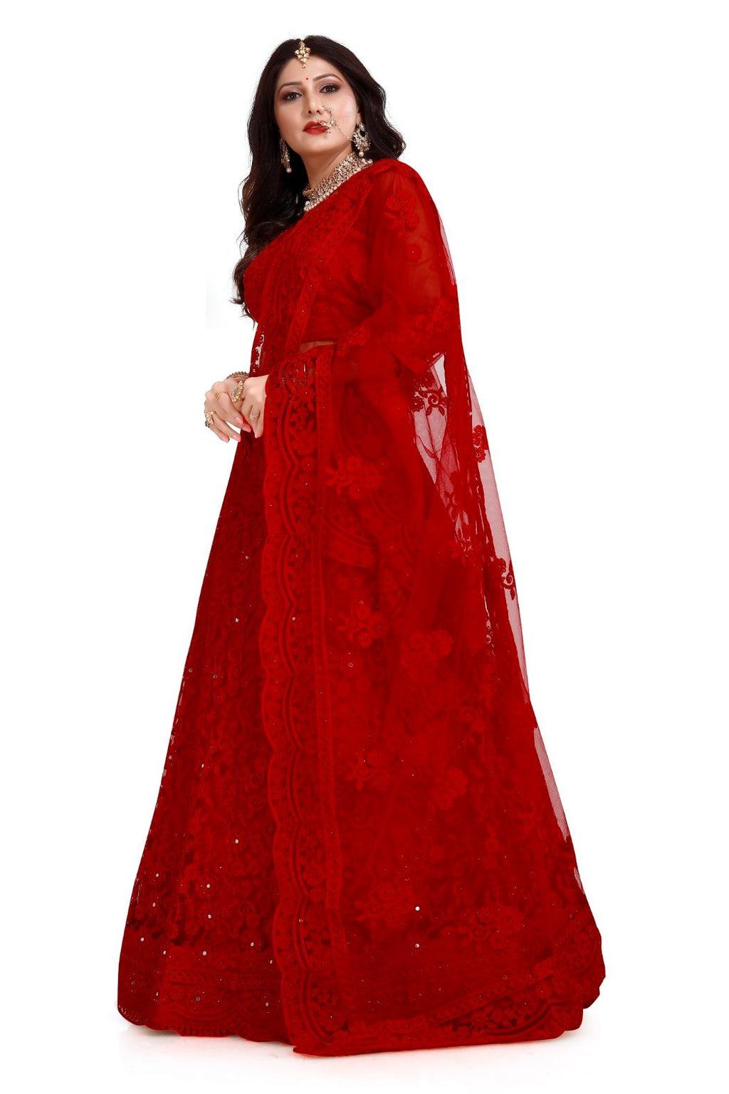 Jyoti Fashion Women's Red Net Thread Embroidered Designer Lehenga Choli Set