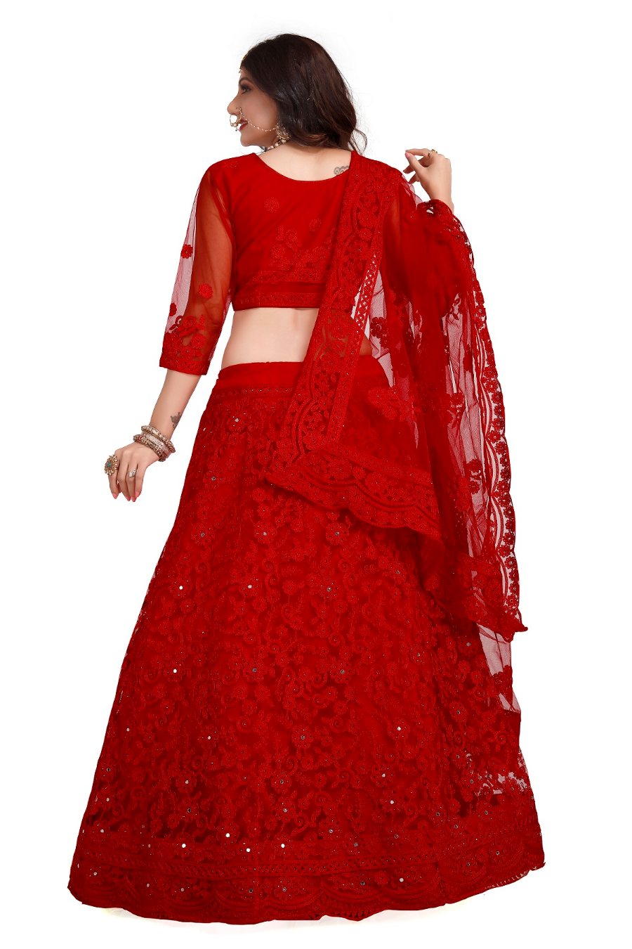 Jyoti Fashion Women's Red Net Thread Embroidered Designer Lehenga Choli Set