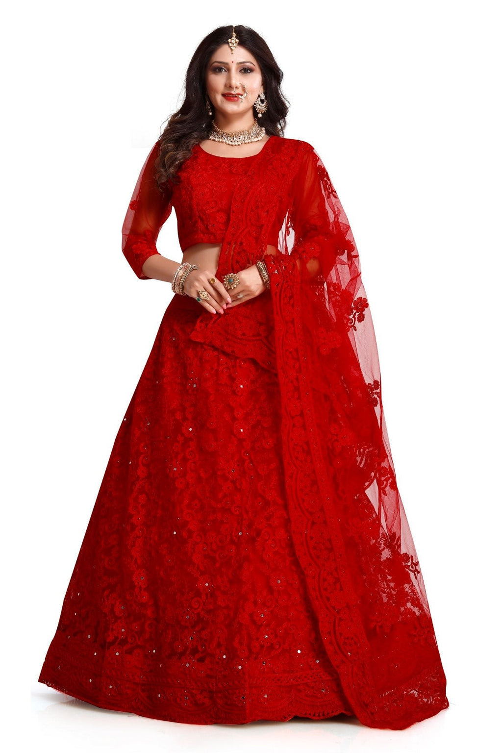 Jyoti Fashion Women's Red Net Thread Embroidered Designer Lehenga Choli Set