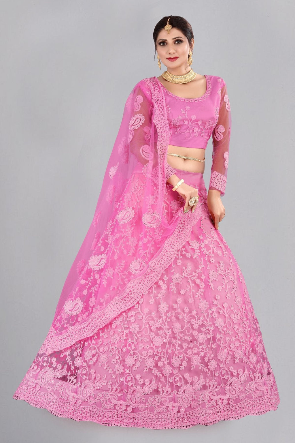 Jyoti Fashion Women's Baby Pink Net Thread Embroidered Designer Lehenga Choli Set