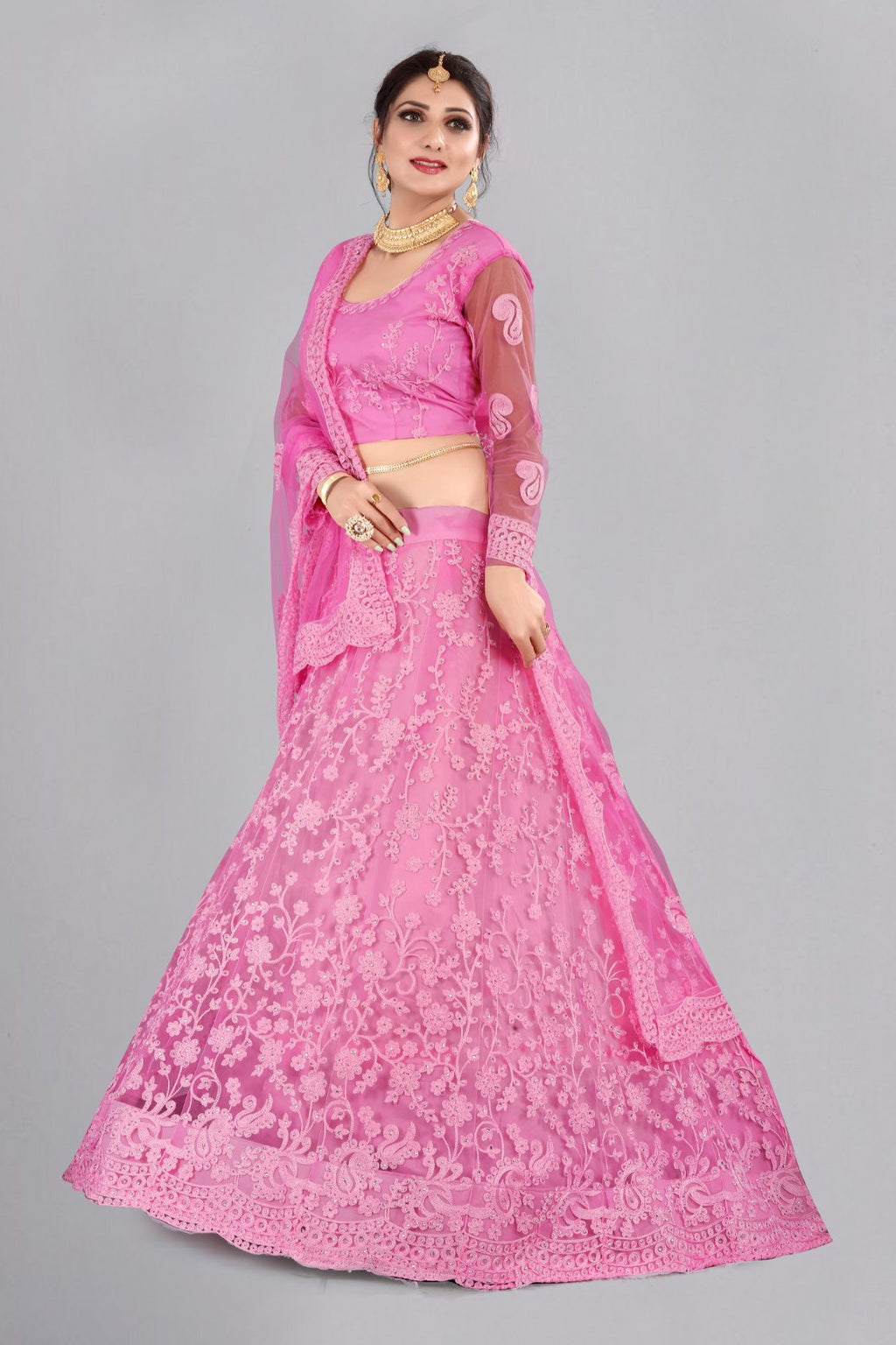 Jyoti Fashion Women's Baby Pink Net Thread Embroidered Designer Lehenga Choli Set