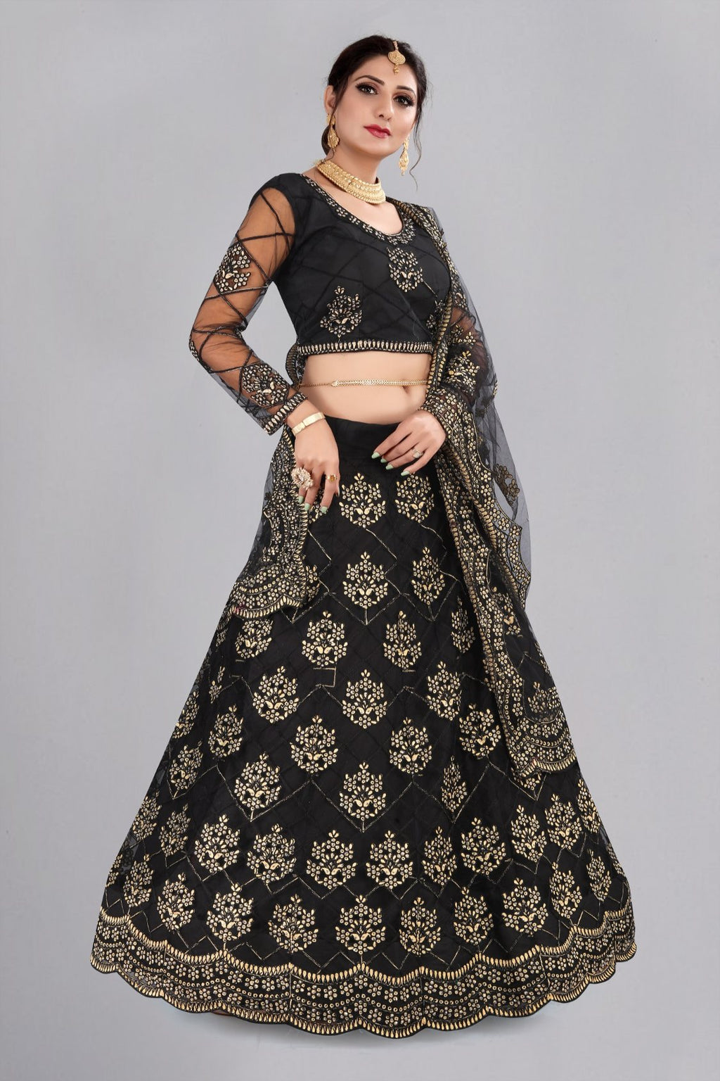Jyoti Fashion Women's Black Net Thread Embroidered Designer Lehenga Choli Set
