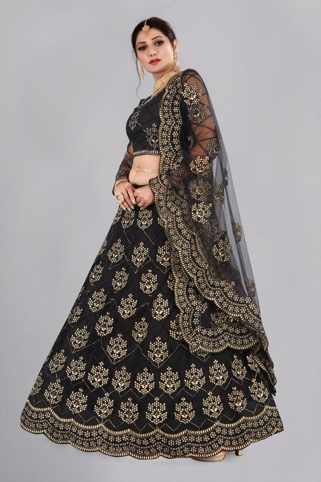 Jyoti Fashion Women's Black Net Thread Embroidered Designer Lehenga Choli Set