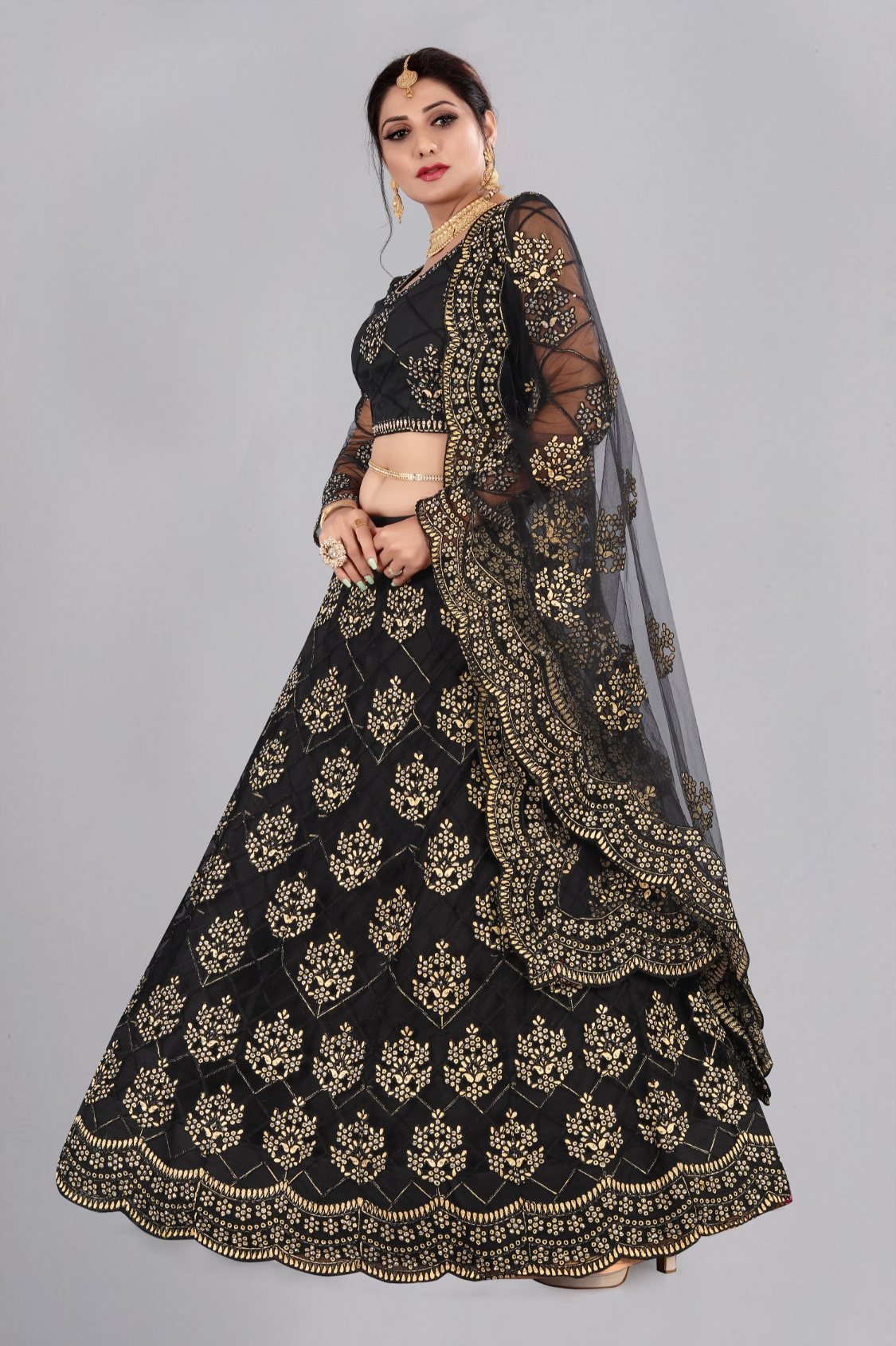 Jyoti Fashion Women's Black Net Thread Embroidered Designer Lehenga Choli Set