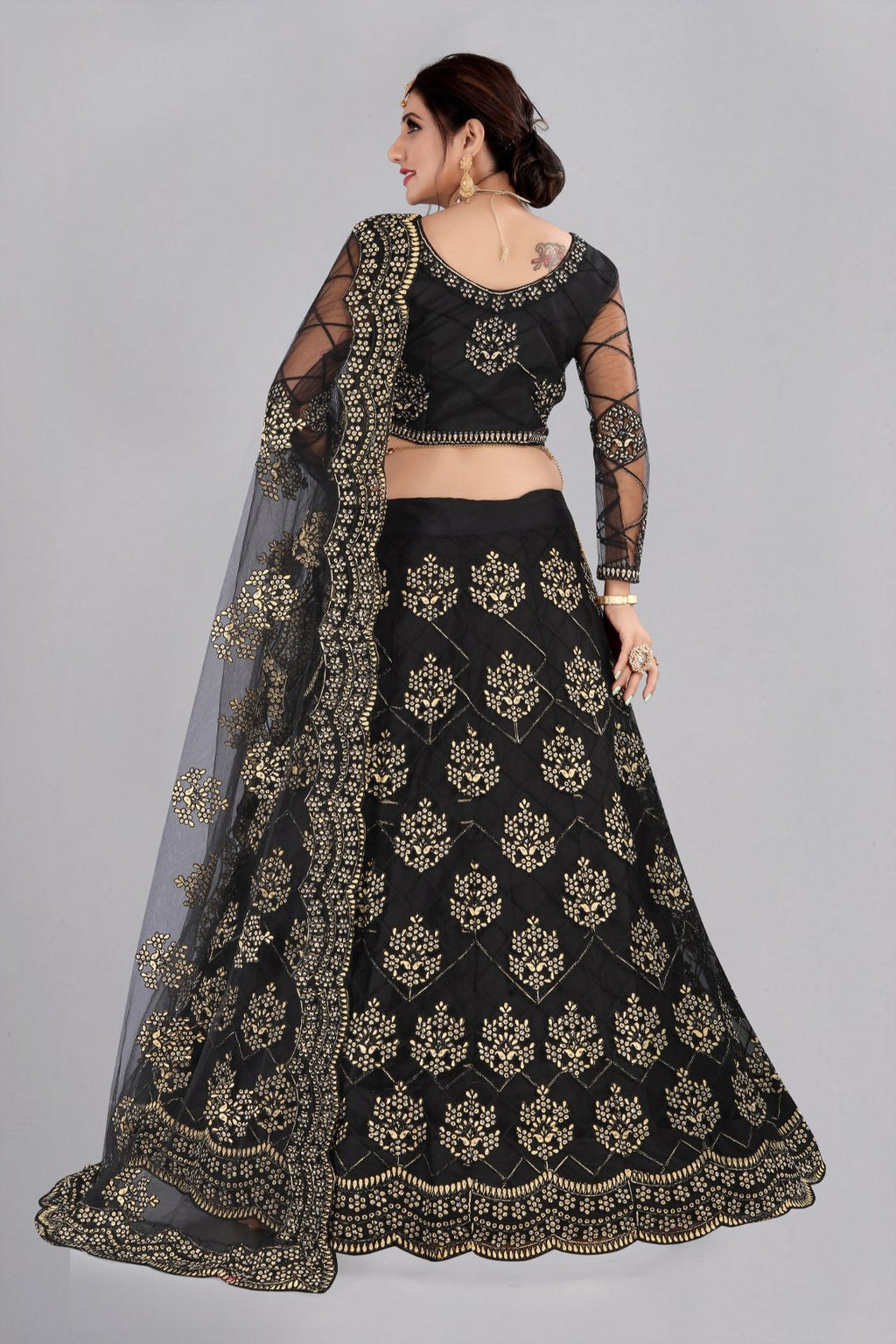 Jyoti Fashion Women's Black Net Thread Embroidered Designer Lehenga Choli Set