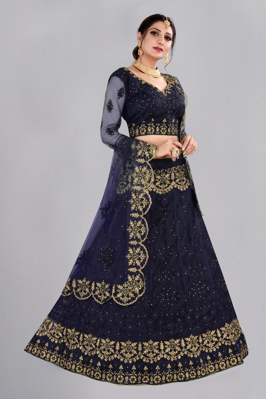 Jyoti Fashion Women's Navy Blue Net Thread Embroidered Designer Lehenga Choli Set