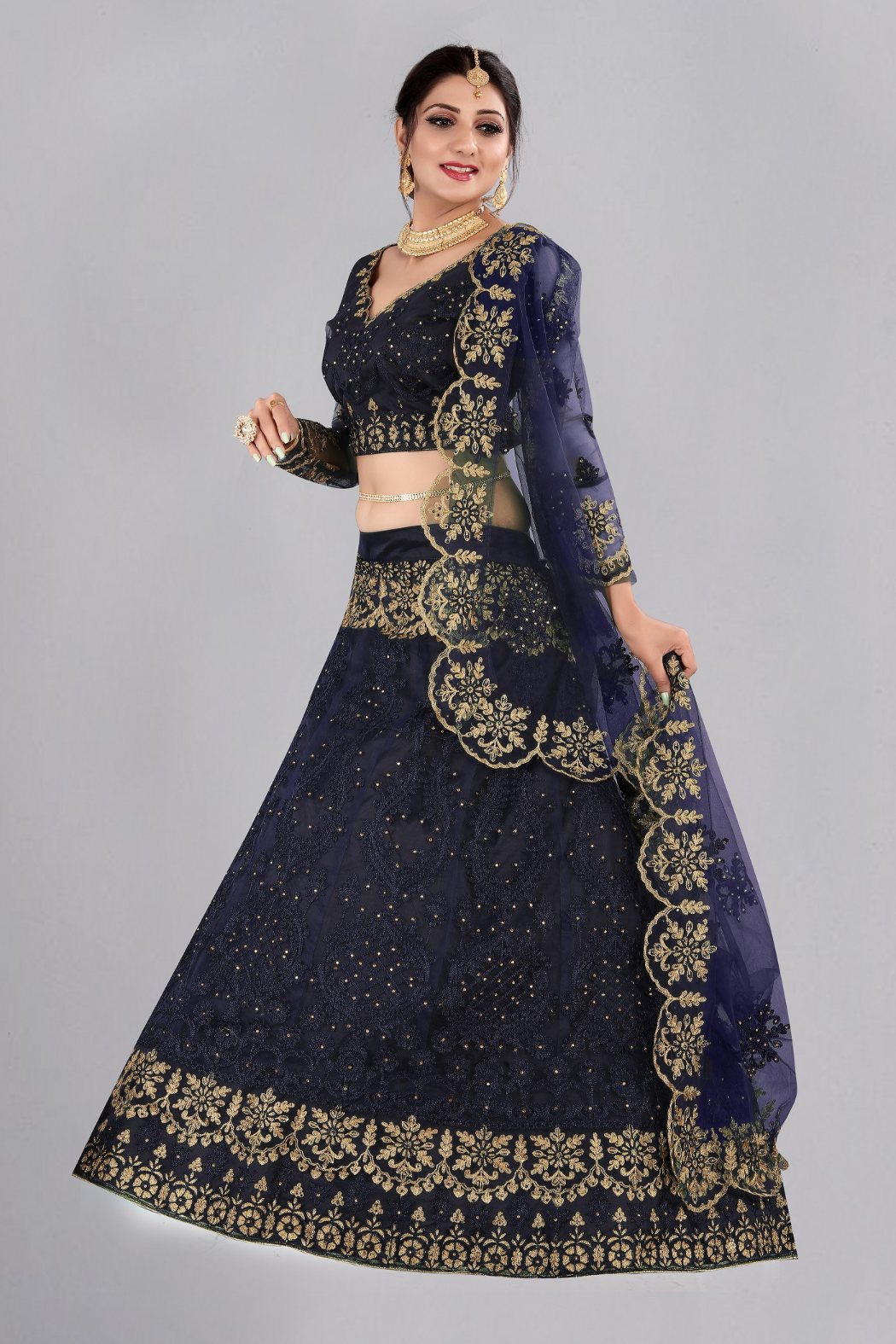 Jyoti Fashion Women's Navy Blue Net Thread Embroidered Designer Lehenga Choli Set
