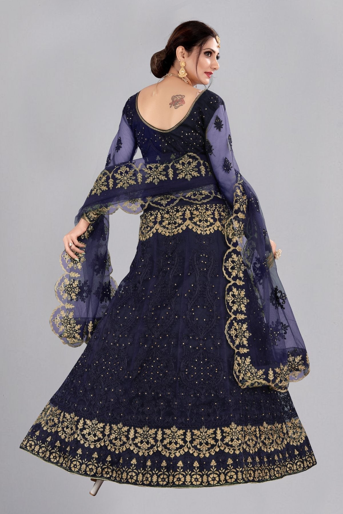 Jyoti Fashion Women's Navy Blue Net Thread Embroidered Designer Lehenga Choli Set