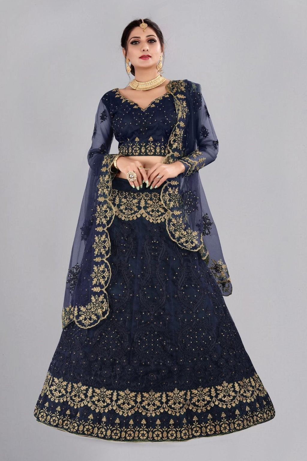 Jyoti Fashion Women's Navy Blue Net Thread Embroidered Designer Lehenga Choli Set