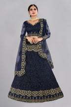 Jyoti Fashion Women's Navy Blue Net Thread Embroidered Designer Lehenga Choli Set