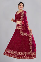 Jyoti Fashion Women's Maroon Net Thread Embroidered Designer Lehenga Choli Set
