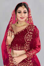 Jyoti Fashion Women's Maroon Net Thread Embroidered Designer Lehenga Choli Set