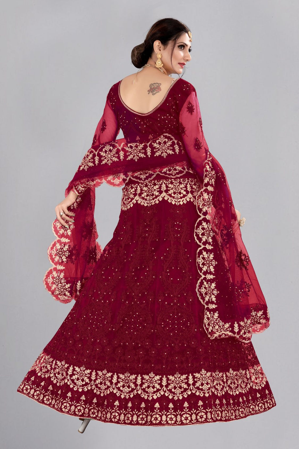 Jyoti Fashion Women's Maroon Net Thread Embroidered Designer Lehenga Choli Set