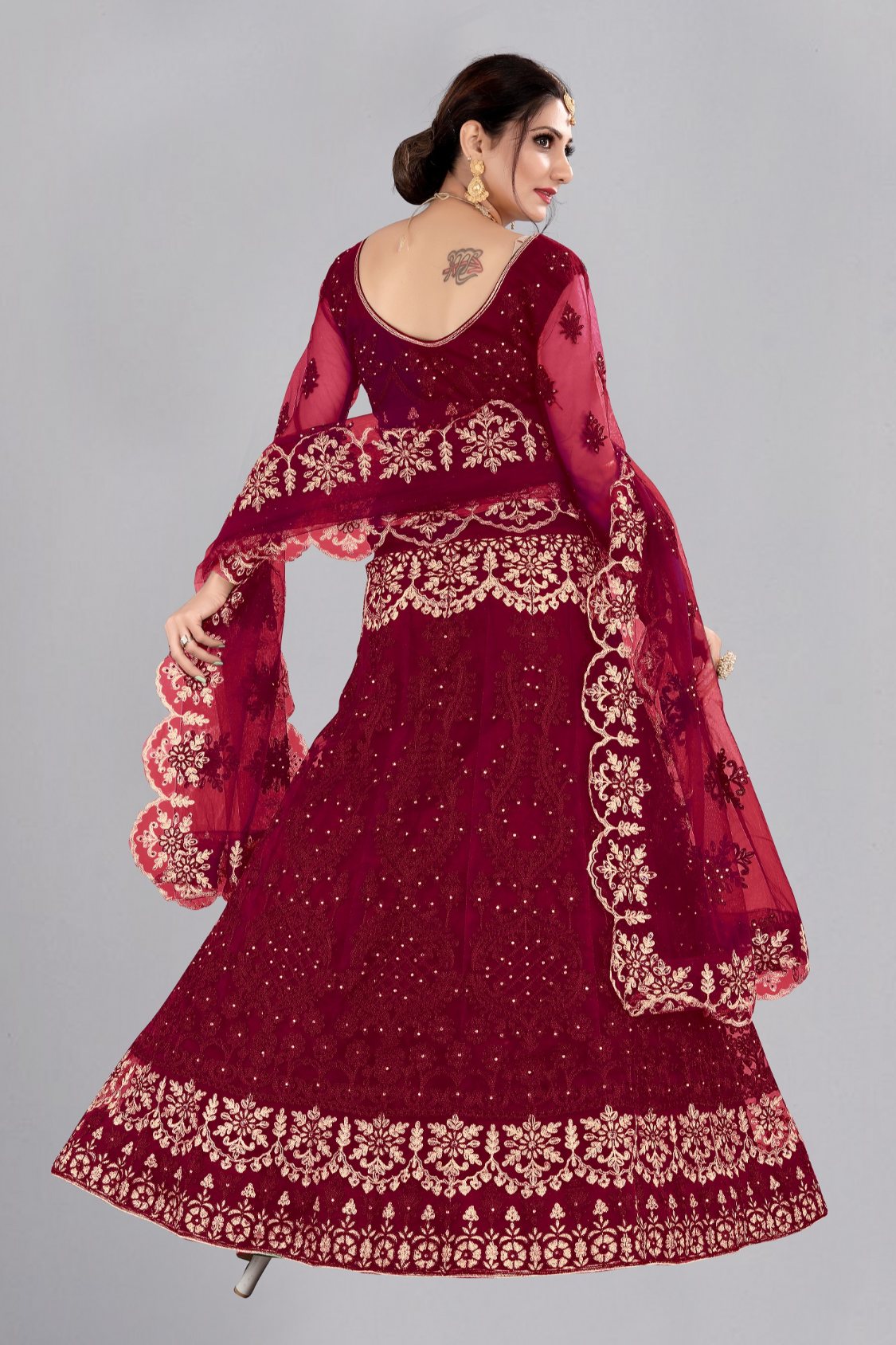 Jyoti Fashion Women's Maroon Net Thread Embroidered Designer Lehenga Choli Set