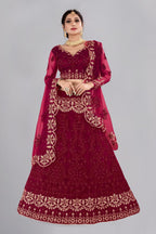 Jyoti Fashion Women's Maroon Net Thread Embroidered Designer Lehenga Choli Set