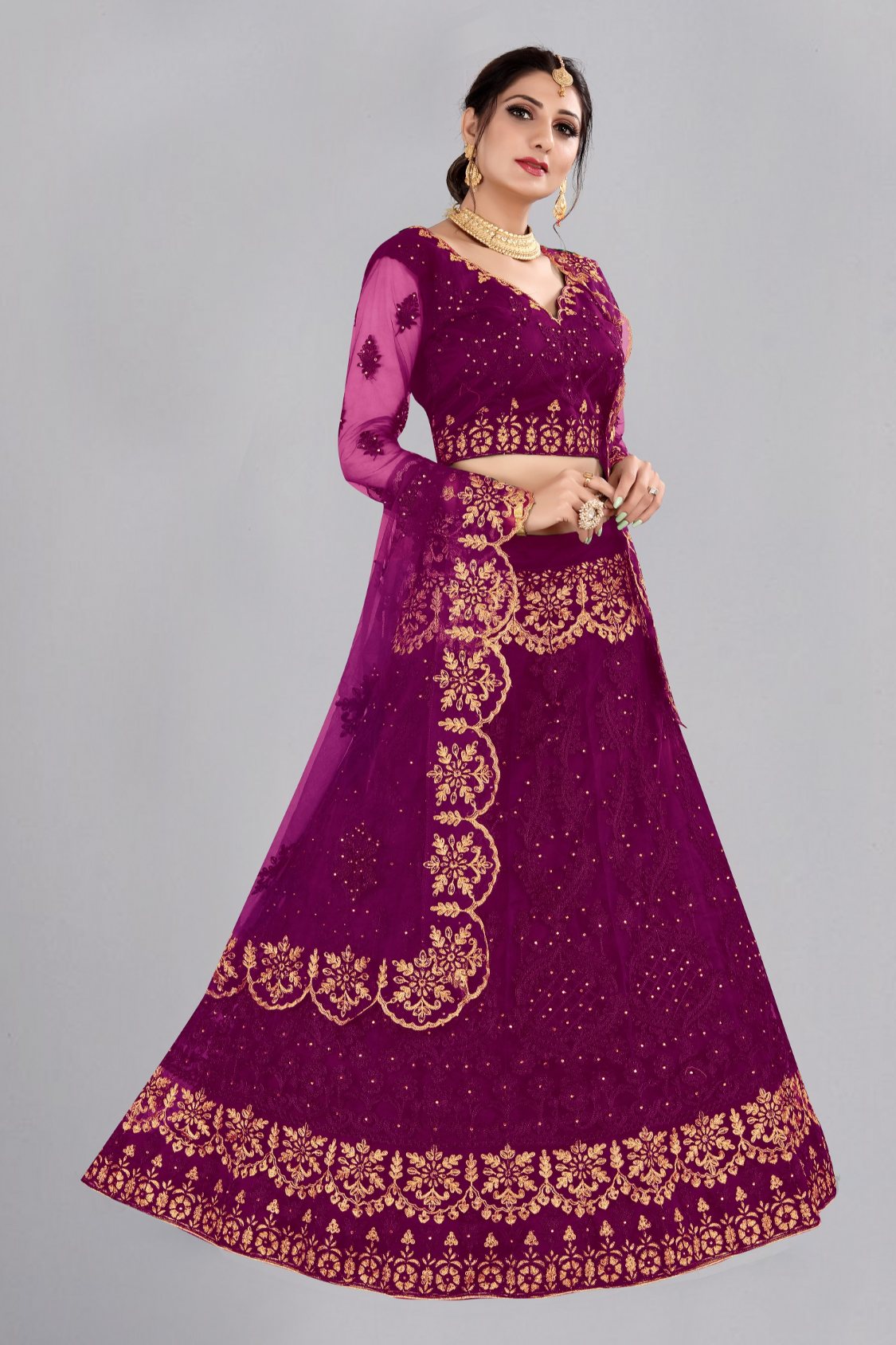 Jyoti Fashion Women's Purple Net Thread Embroidered Designer Lehenga Choli Set