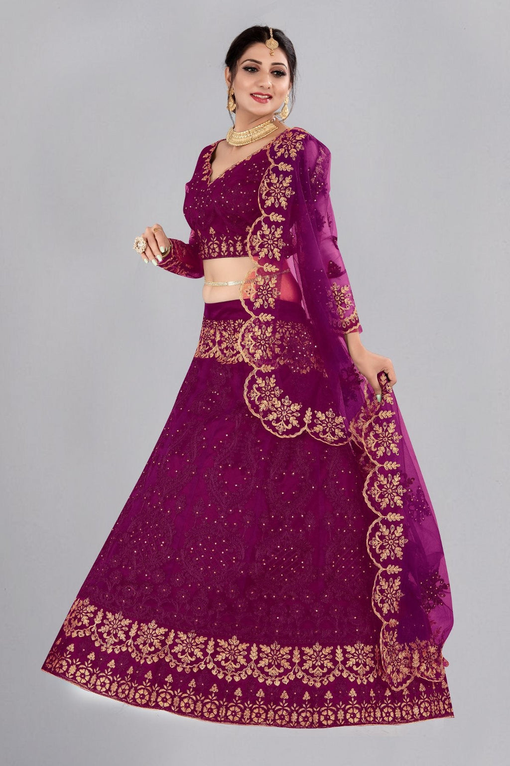 Jyoti Fashion Women's Purple Net Thread Embroidered Designer Lehenga Choli Set