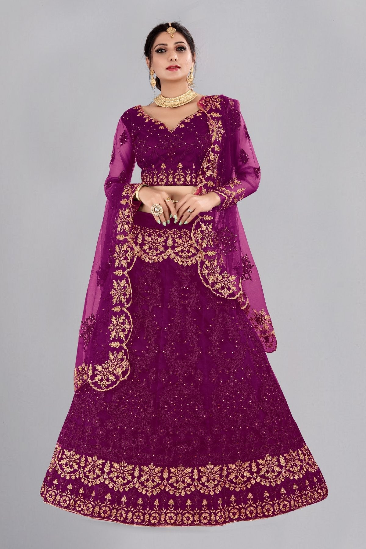 Jyoti Fashion Women's Purple Net Thread Embroidered Designer Lehenga Choli Set
