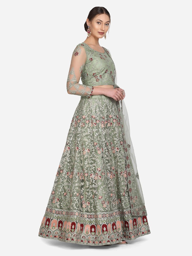 Jyoti Fashion Women's Light Green Net Thread Embroidered Designer Lehenga Choli Set