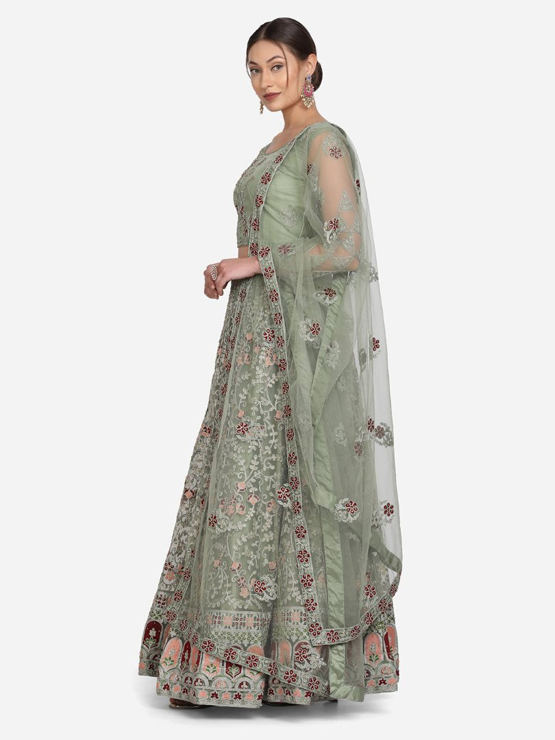 Jyoti Fashion Women's Light Green Net Thread Embroidered Designer Lehenga Choli Set