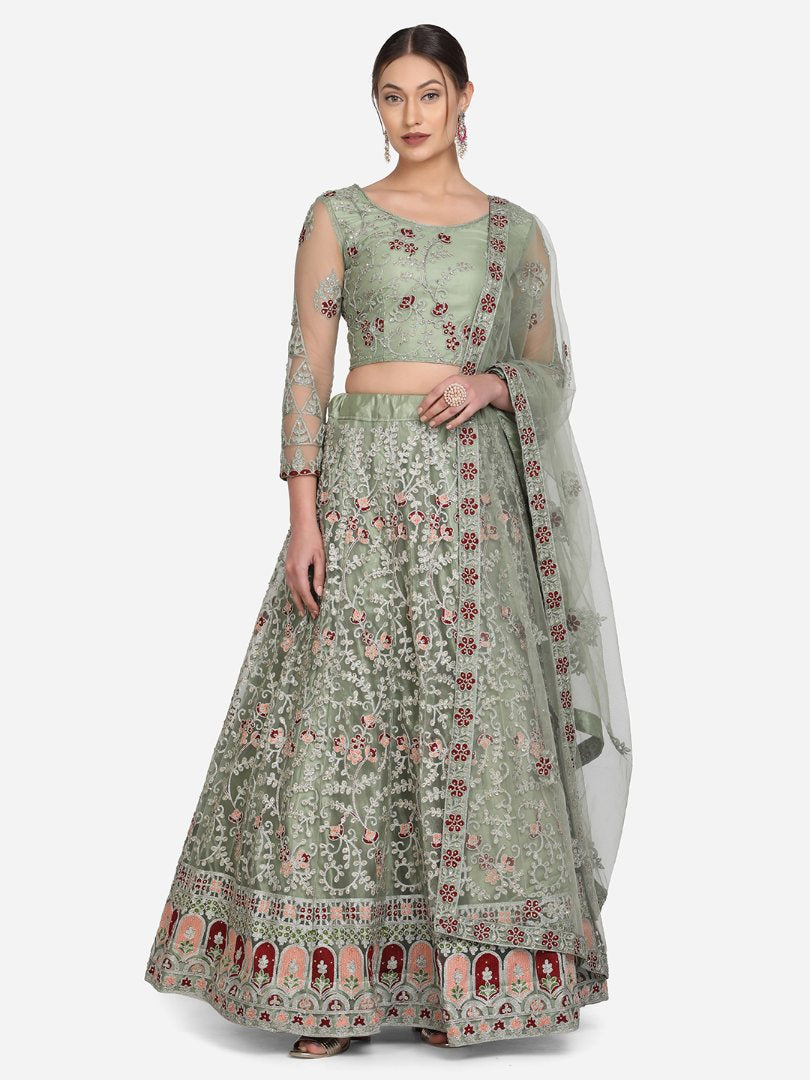 Jyoti Fashion Women's Light Green Net Thread Embroidered Designer Lehenga Choli Set