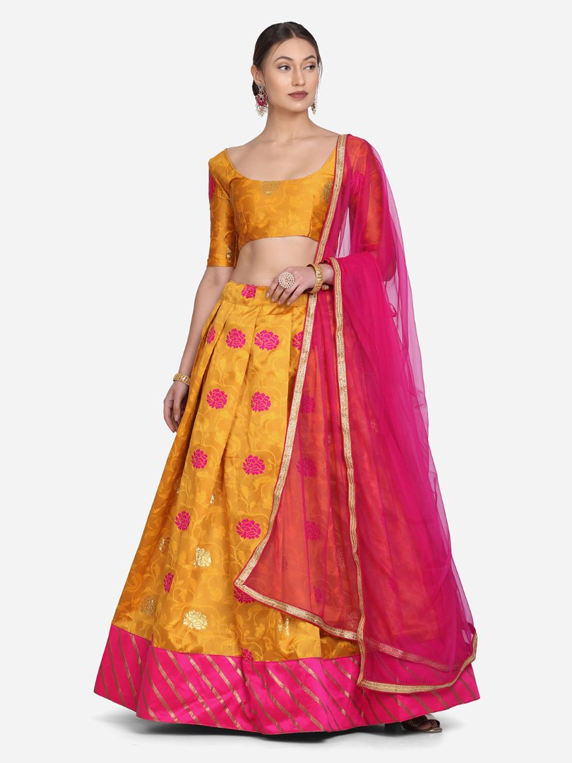 Jyoti Fashion Women's Pink Taffeta Silk Zari Woven Lehenga Choli with Dupatta