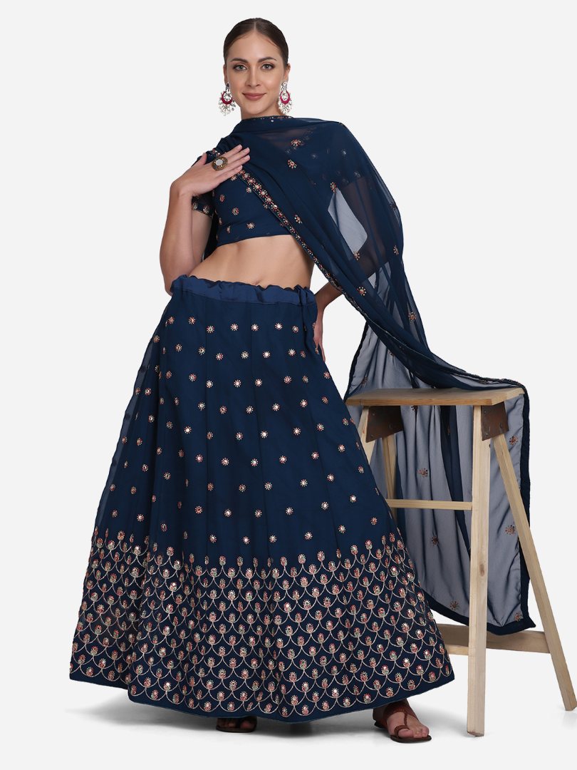 Jyoti Fashion Women's Navy Blue Georgette Thread Embroidered Lehenga Choli with Dupatta