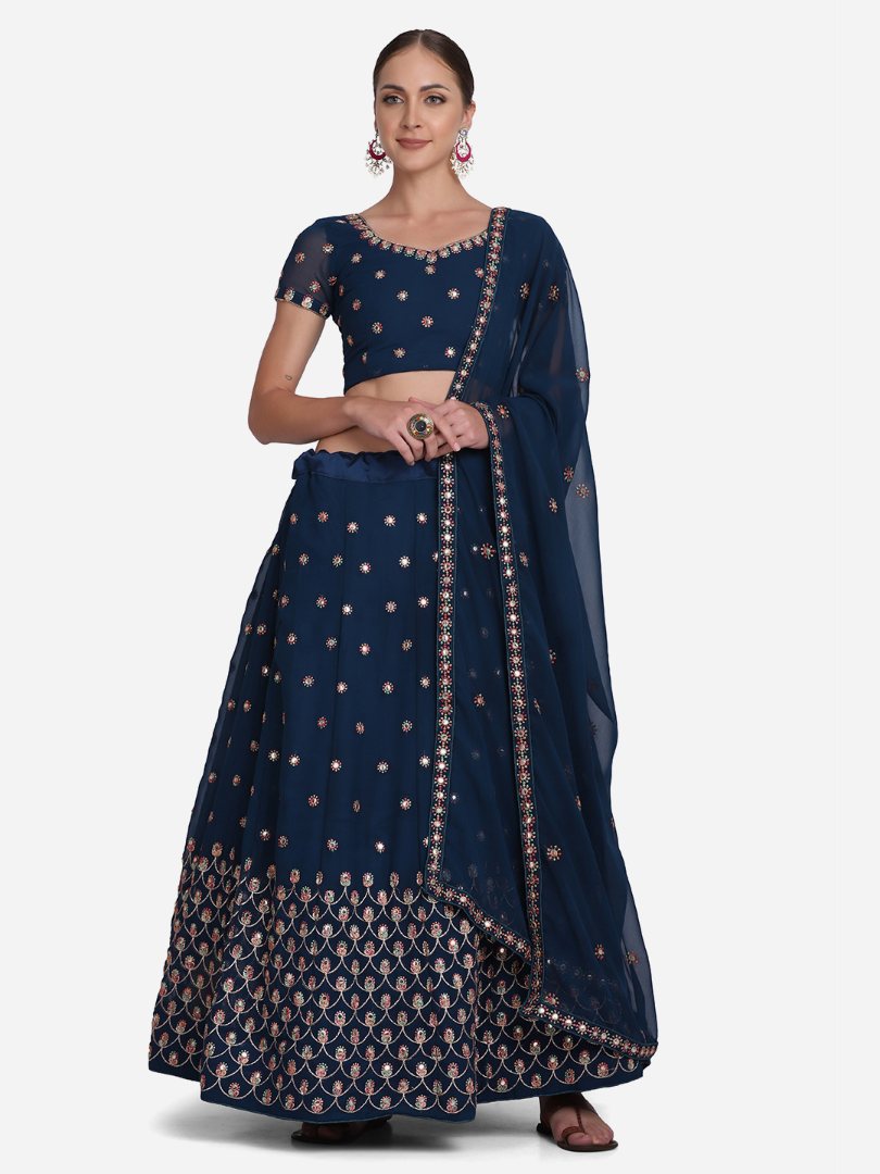 Jyoti Fashion Women's Navy Blue Georgette Thread Embroidered Lehenga Choli with Dupatta