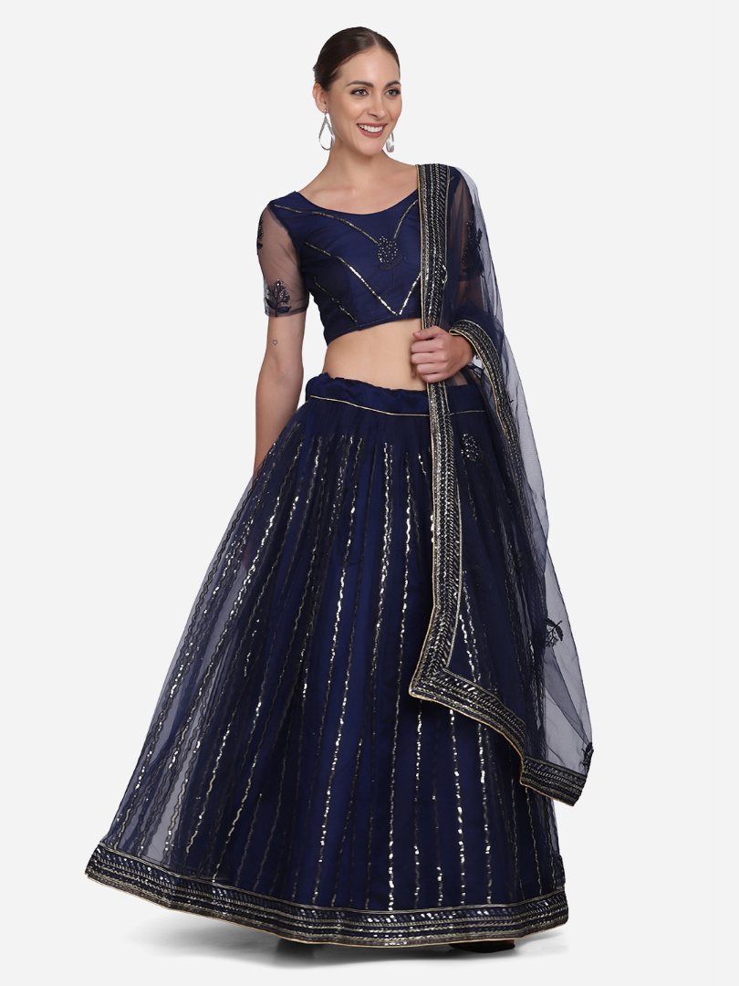 Jyoti Fashion Women's Navy Blue Net Sequins Embroidered Lehenga Choli with Dupatta