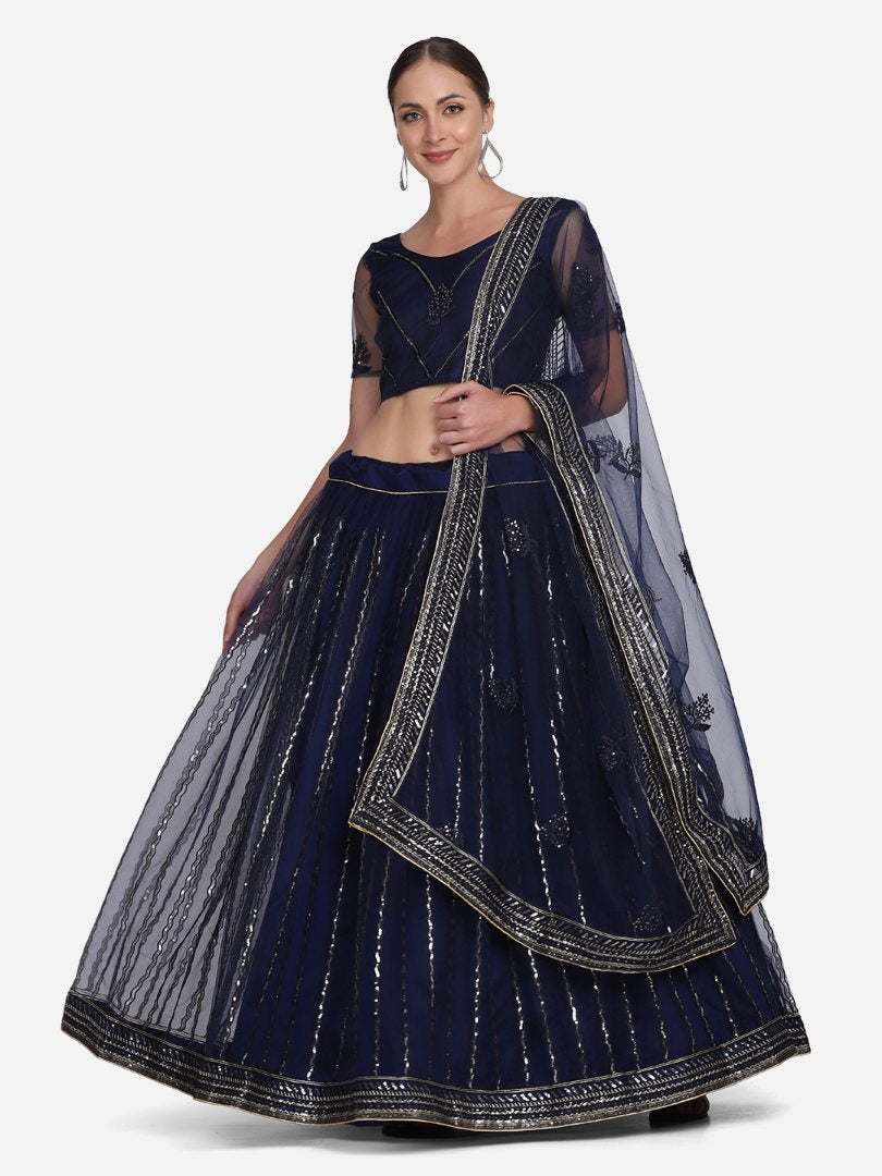 Jyoti Fashion Women's Navy Blue Net Sequins Embroidered Lehenga Choli with Dupatta