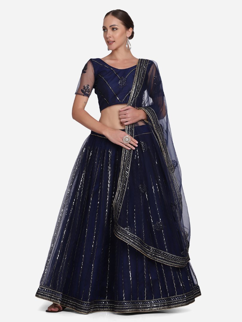Jyoti Fashion Women's Navy Blue Net Sequins Embroidered Lehenga Choli with Dupatta