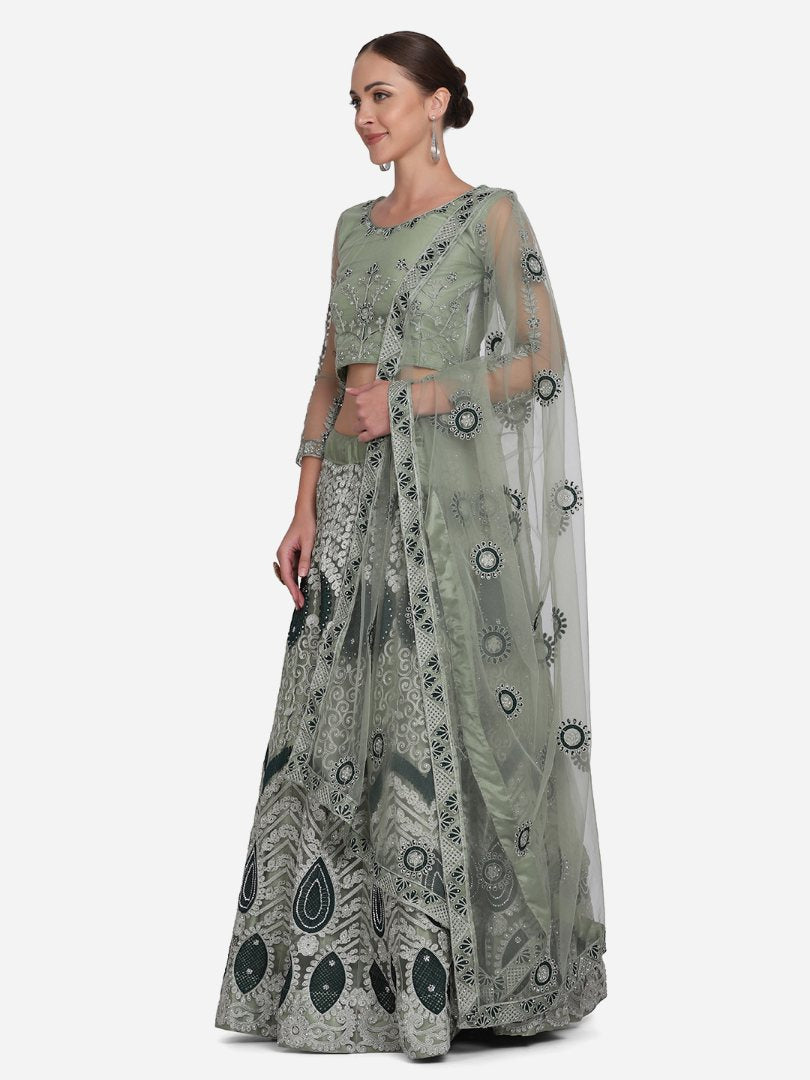 Jyoti Fashion Women's Sea Green Net Thread Embroidered Lehenga Choli with Dupatta