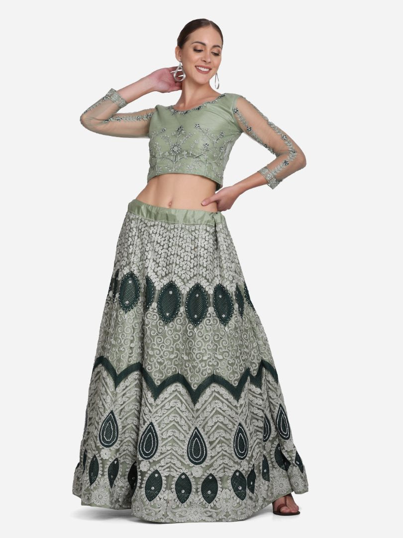 Jyoti Fashion Women's Sea Green Net Thread Embroidered Lehenga Choli with Dupatta