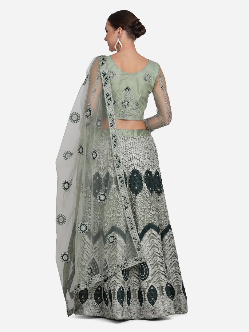 Jyoti Fashion Women's Sea Green Net Thread Embroidered Lehenga Choli with Dupatta